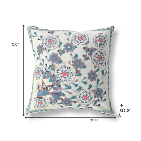 26" x 26" Off White Peacock Blown Seam Floral Indoor Outdoor Throw Pillow