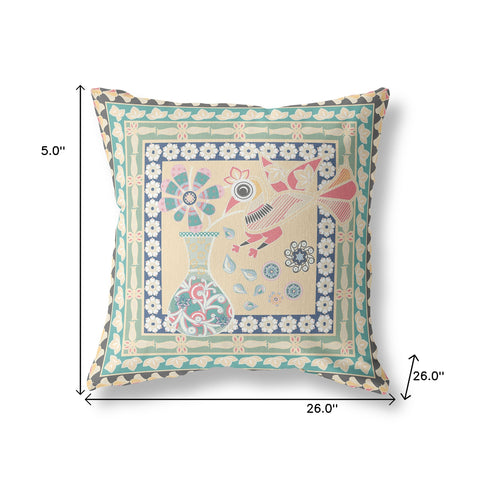 26" x 26" Beige Peacock Blown Seam Floral Indoor Outdoor Throw Pillow