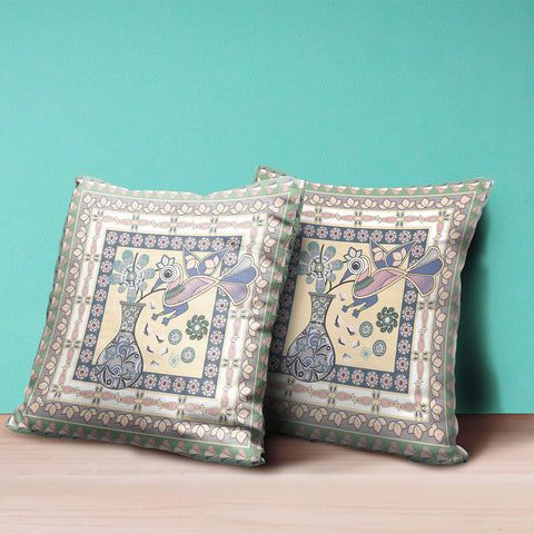 16" x 16" Green Peacock Blown Seam Floral Indoor Outdoor Throw Pillow