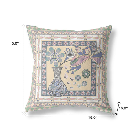 16" x 16" Green Peacock Blown Seam Floral Indoor Outdoor Throw Pillow