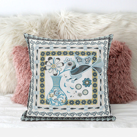 26" X 26" Blue and White Peacock Blown Seam Floral Indoor Outdoor Throw Pillow