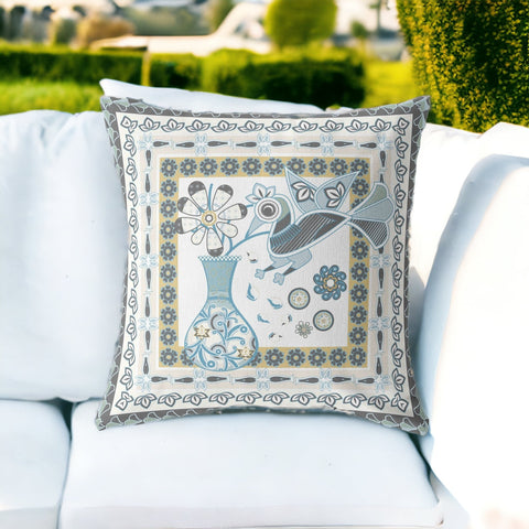 26" X 26" Blue and White Peacock Blown Seam Floral Indoor Outdoor Throw Pillow