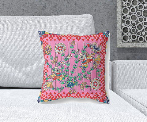 18" x 18" Pink Peacock Blown Seam Floral Indoor Outdoor Throw Pillow