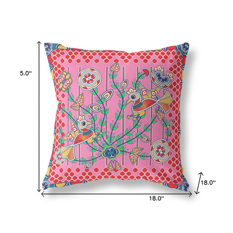 18" x 18" Pink Peacock Blown Seam Floral Indoor Outdoor Throw Pillow