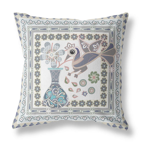 28" x 28" Gray Peacock Blown Seam Floral Indoor Outdoor Throw Pillow