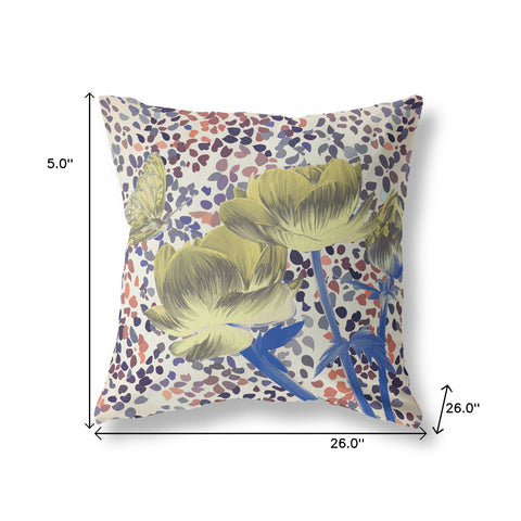 26" x 26" Yellow Butterfly Blown Seam Floral Indoor Outdoor Throw Pillow