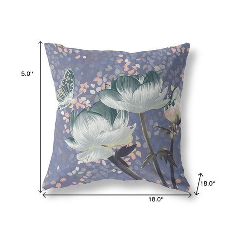 18" x 18" Blue and Gray Butterfly Blown Seam Floral Indoor Outdoor Throw Pillow