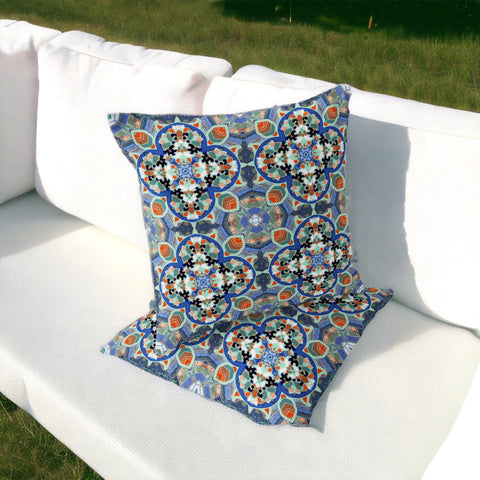 Set of Two 16" X 16" Blue and Orange Blown Seam Floral Indoor Outdoor Throw Pillow