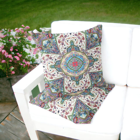 Set of Two 16" X 16" Pink and Green Blown Seam Floral Indoor Outdoor Throw Pillow