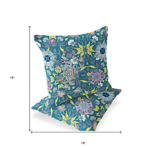 Set of Two 16" X 16" Green and Yellow Peacock Blown Seam Eclectic Indoor Outdoor Throw Pillow