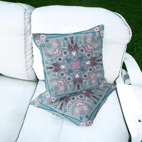 Set of Two 16" X 16" Gray and Pink Blown Seam Paisley Indoor Outdoor Throw Pillow