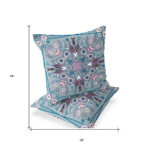 Set of Two 16" X 16" Gray and Pink Blown Seam Paisley Indoor Outdoor Throw Pillow