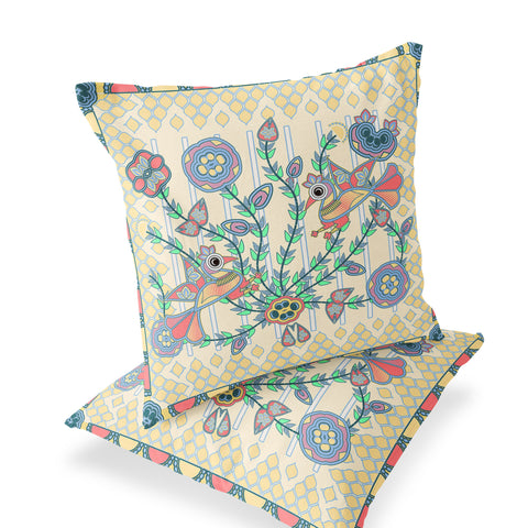 Set of Two 16" X 16" Blue and Yellow Peacock Blown Seam Floral Indoor Outdoor Throw Pillow