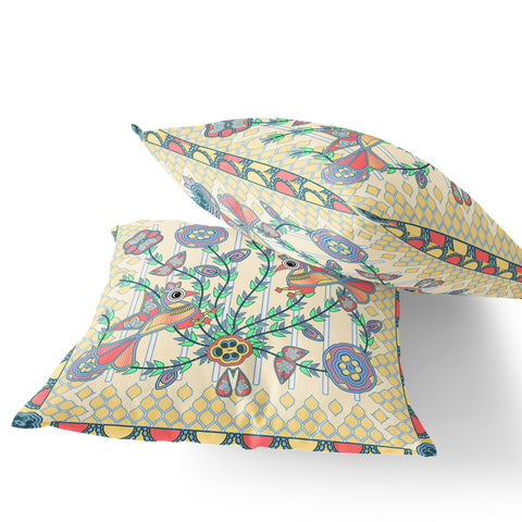 Set of Two 16" X 16" Blue and Yellow Peacock Blown Seam Floral Indoor Outdoor Throw Pillow