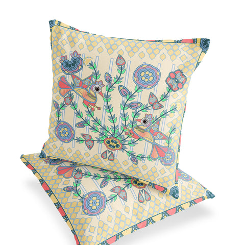 Set of Two 16" X 16" Blue and Yellow Peacock Blown Seam Floral Indoor Outdoor Throw Pillow