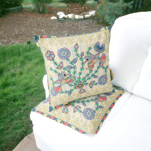 Set of Two 16" X 16" Blue and Yellow Peacock Blown Seam Floral Indoor Outdoor Throw Pillow