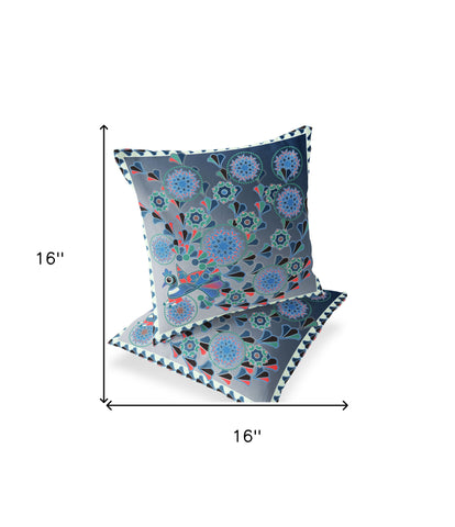 Set of Two 16" X 16" Blue and White Peacock Blown Seam Floral Indoor Outdoor Throw Pillow