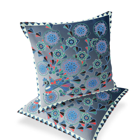 Set of Two 16" X 16" Blue and White Peacock Blown Seam Floral Indoor Outdoor Throw Pillow