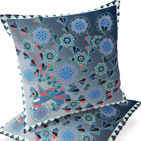 Set of Two 16" X 16" Blue and White Peacock Blown Seam Floral Indoor Outdoor Throw Pillow