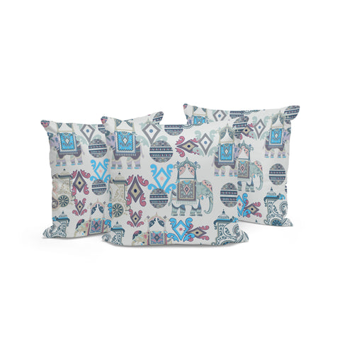 Set of Three 16" X 16" Beige and Blue Elephant Abstract Indoor Outdoor Throw Pillow