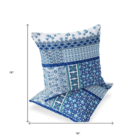 Set of Two 16" X 16" Blue and White Blown Seam Floral Indoor Outdoor Throw Pillow