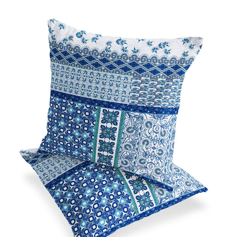 Set of Two 16" X 16" Blue and White Blown Seam Floral Indoor Outdoor Throw Pillow