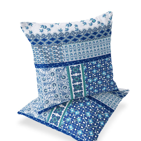 Set of Two 16" X 16" Blue and White Blown Seam Floral Indoor Outdoor Throw Pillow