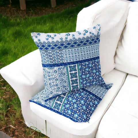 Set of Two 16" X 16" Blue and White Blown Seam Floral Indoor Outdoor Throw Pillow