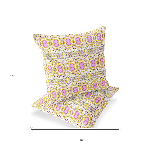 Set of Two 16" X 16" Yellow and White Blown Seam Floral Indoor Outdoor Throw Pillow