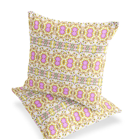 Set of Two 16" X 16" Yellow and White Blown Seam Floral Indoor Outdoor Throw Pillow