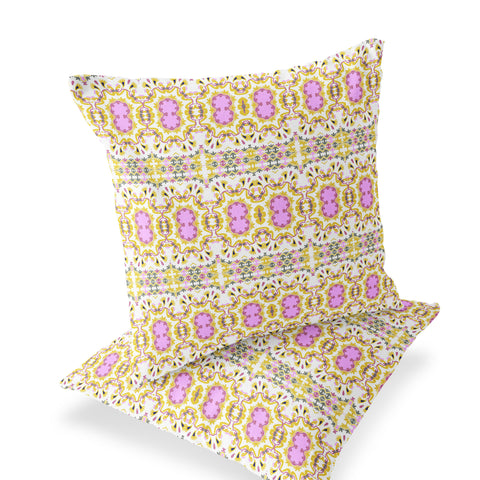 Set of Two 16" X 16" Yellow and White Blown Seam Floral Indoor Outdoor Throw Pillow