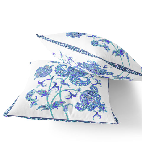 Set of Two 16" X 16" Blue and White Botanical Indoor Outdoor Throw Pillow