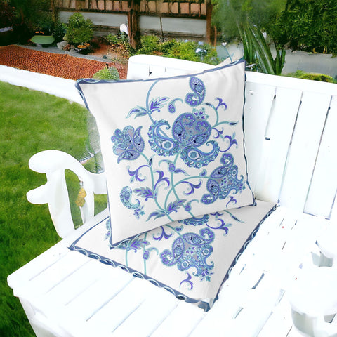 Set of Two 16" X 16" Blue and White Botanical Indoor Outdoor Throw Pillow