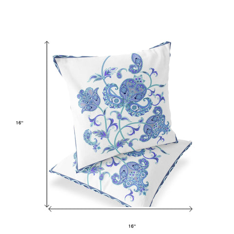 Set of Two 16" X 16" Blue and White Botanical Indoor Outdoor Throw Pillow