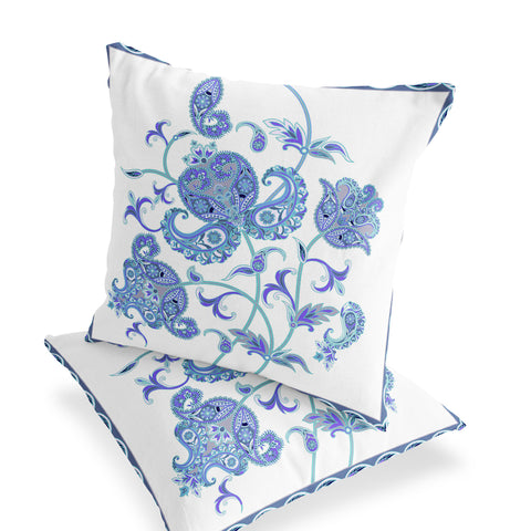 Set of Two 16" X 16" Blue and White Botanical Indoor Outdoor Throw Pillow