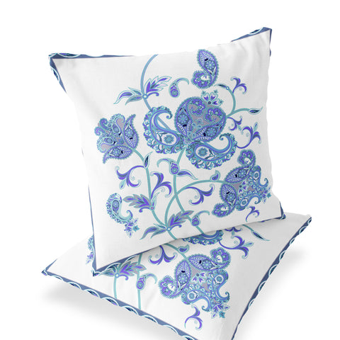 Set of Two 16" X 16" Blue and White Botanical Indoor Outdoor Throw Pillow