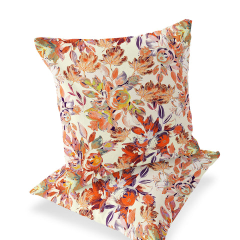 Set of Two 16" X 16" Beige and Red Blown Seam Floral Indoor Outdoor Throw Pillow