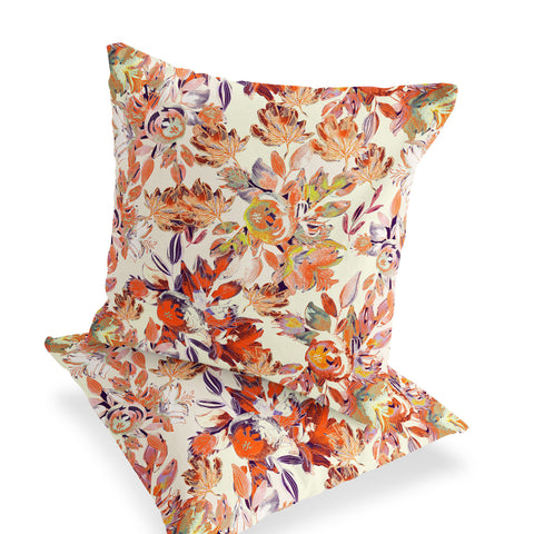 Set of Two 16" X 16" Beige and Red Blown Seam Floral Indoor Outdoor Throw Pillow