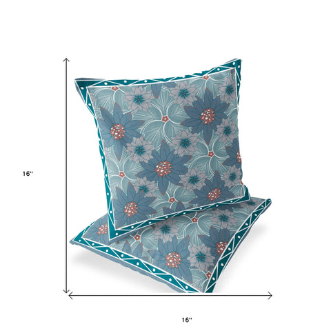 Set of Two 16" X 16" Blue and Green Botanical Indoor Outdoor Throw Pillow