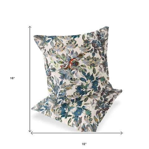 Set of Two 16" X 16" Blue and Green Blown Seam Floral Indoor Outdoor Throw Pillow