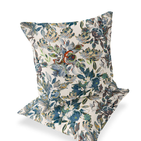 Set of Two 16" X 16" Blue and Green Blown Seam Floral Indoor Outdoor Throw Pillow