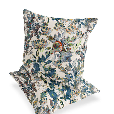 Set of Two 16" X 16" Blue and Green Blown Seam Floral Indoor Outdoor Throw Pillow