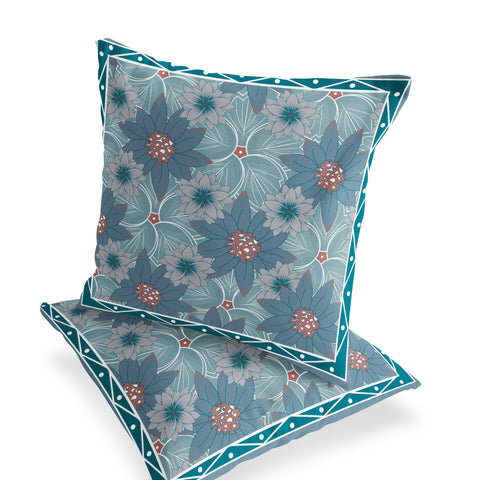 Set of Two 16" X 16" Blue and Green Botanical Indoor Outdoor Throw Pillow