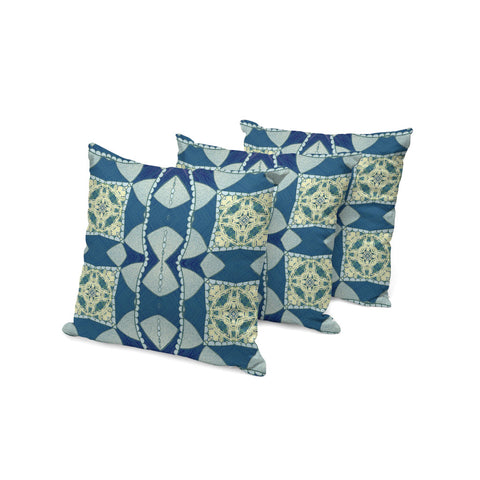 Set of Three 16" X 16" Blue and Green Blown Seam Eclectic Indoor Outdoor Throw Pillow