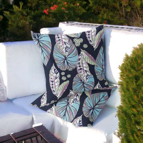 Set of Two 16" X 16" Blue and Purple Blown Seam Botanical Indoor Outdoor Throw Pillow