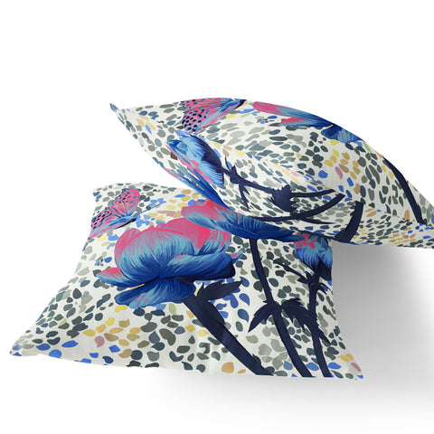 Set of Two 16" X 16" Blue and Pink Butterfly Blown Seam Floral Indoor Outdoor Throw Pillow