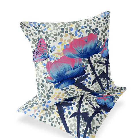 Set of Two 16" X 16" Blue and Pink Butterfly Blown Seam Floral Indoor Outdoor Throw Pillow