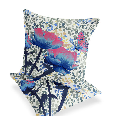 Set of Two 16" X 16" Blue and Pink Butterfly Blown Seam Floral Indoor Outdoor Throw Pillow