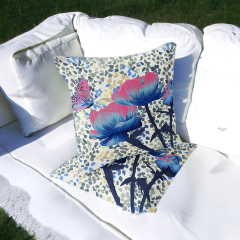 Set of Two 16" X 16" Blue and Pink Butterfly Blown Seam Floral Indoor Outdoor Throw Pillow