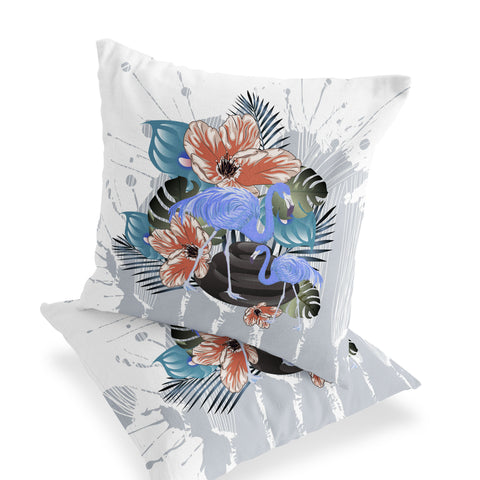 Set of Two 16" X 16" Gray Flamingo Blown Seam Indoor Outdoor Throw Pillow